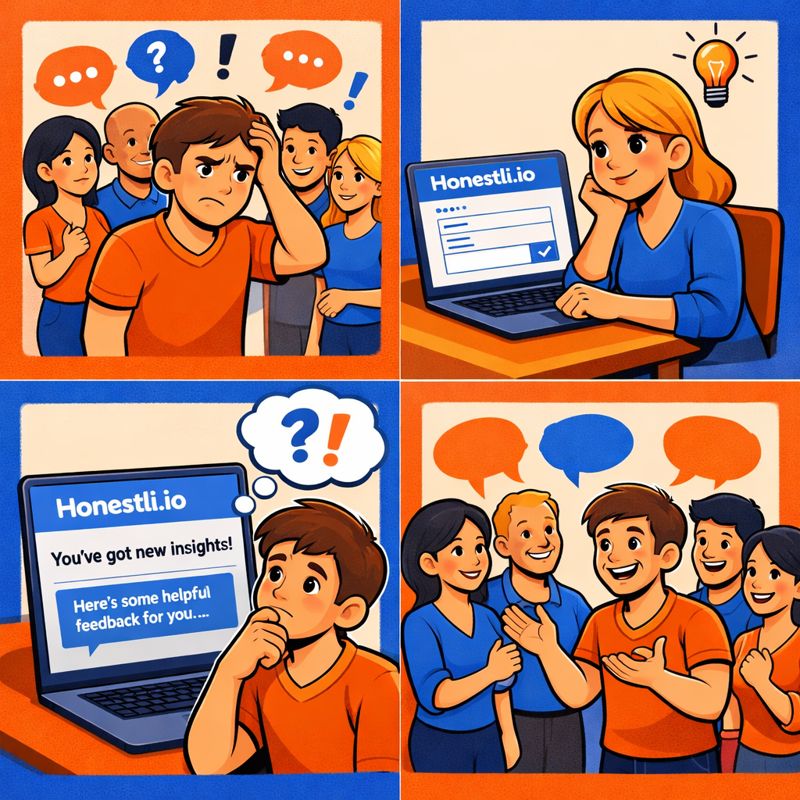 Four-panel cartoon of Peter: upset while speaking, advised by Honestli avatar Janet, reflects, then returns to speak confidently.